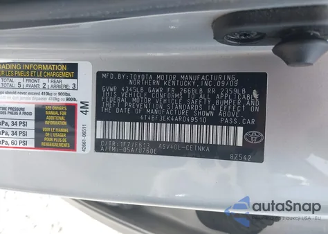 2010 Toyota Camry Le из США, поврежденный, VIN 4T4BF3EK4AR049510